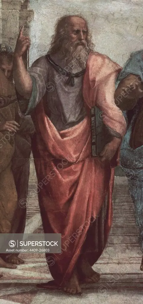 'The School of Athens. Detail of Plato', 1510, Fresco, Before restauration. Author: RAFAEL SANZIO O RAFAEL DE URBINO. Location: MUSEOS VATICANOS-ESTANCIA DEL SELLO. VATICANO. PLATO. LEONARDO DA VINCI.