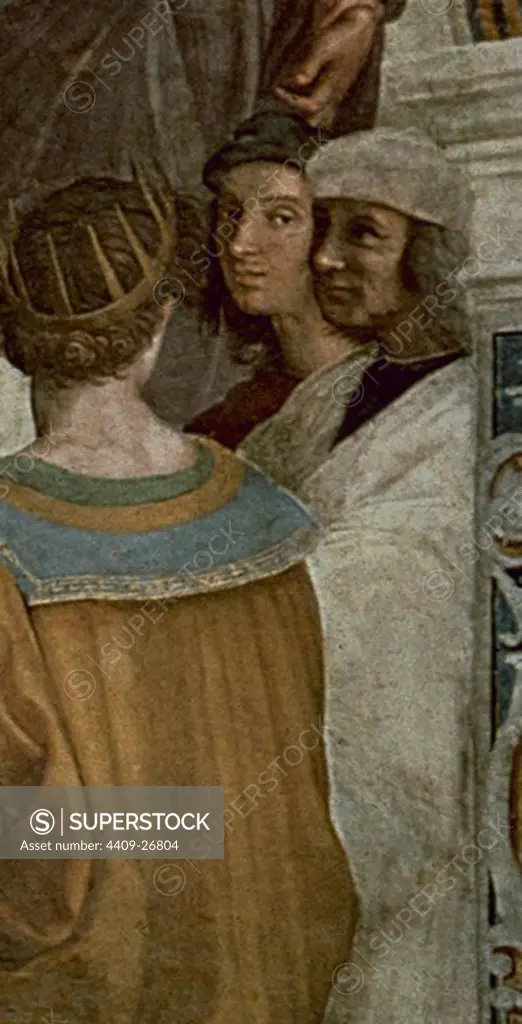 'The School of Athens (detail)', 1510, Fresco, Before restauration. Author: RAFAEL SANZIO O RAFAEL DE URBINO. Location: MUSEOS VATICANOS-ESTANCIA DEL SELLO. VATICANO.