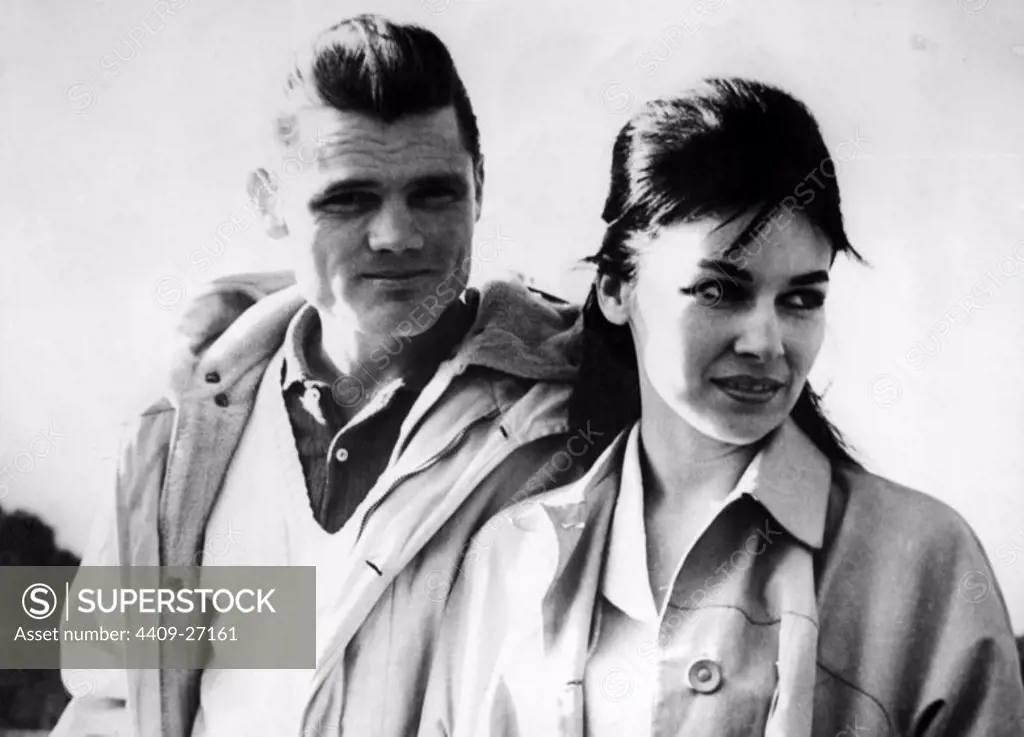 American jazz trumpeter Chet Baker with his fiancee Carol Johnsoon leaving an Italian jail at Lucca, 1965.