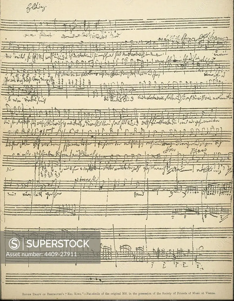 Ludwig van Beethowen, german composer, master of classical music, composed "Ninth Symphony". 1817-23 when totally deaf.Rough Draft of Beethoven's Erl King.