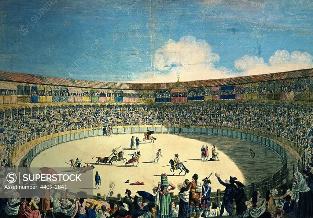 'Vista de una corrida de toros en Madrid', 1791, Cooper/Intaglio, 41 x 55,4 cm. Author: Antonio Carnicero Mancio. Location: MUSEO DE HISTORIA-GRABADOS COLOREADOS. MADRID. SPAIN.