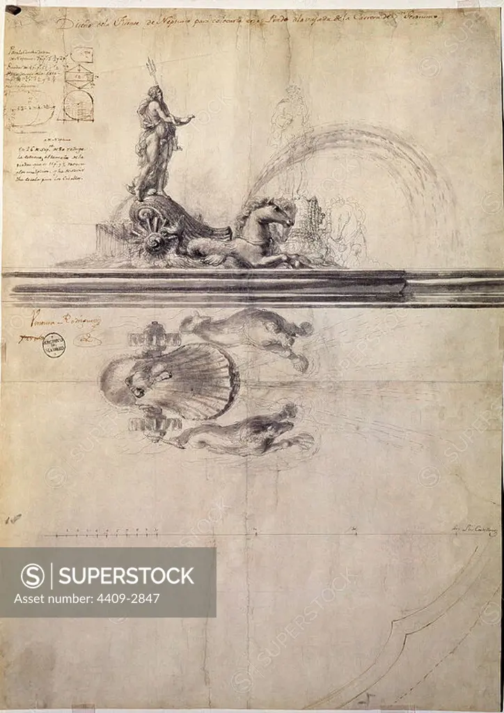 Drawing for the Neptune's fountain. 18th century. Madrid, public museum. Author: VENTURA RODRIGUEZ (1717-1785). Location: MUSEO DE HISTORIA-DIBUJOS. MADRID. SPAIN.
