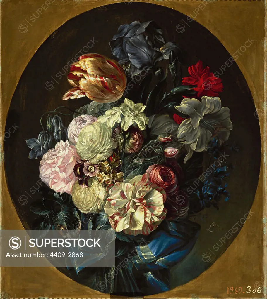 'Floral Bouquet', ca. 1780, Spanish Baroque, Oil on canvas, 39 cm x 37 cm, P01042. Author: LUIS PARET Y ALCAZAR (1746-1799). Location: MUSEO DEL PRADO-PINTURA. MADRID. SPAIN.