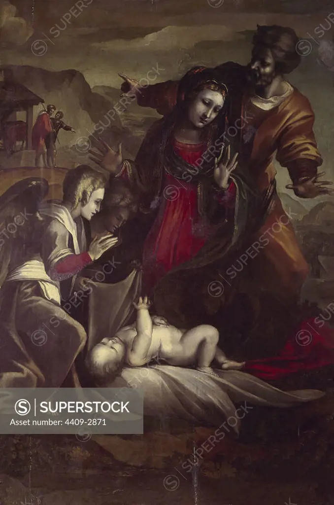 'Nacimiento de Jesús y adoración de los ángeles', 1526-1532, Oil on panel, 144 x 100 cm, CE0271/002. Author: ALONSO BERRUGUETE (1488-1561). Location: MUSEO NACIONAL DE ESCULTURA-COLECCION. Valladolid. SPAIN. CHILD JESUS. VIRGIN MARY. SAN JOSE ESPOSO DE LA VIRGEN MARIA.