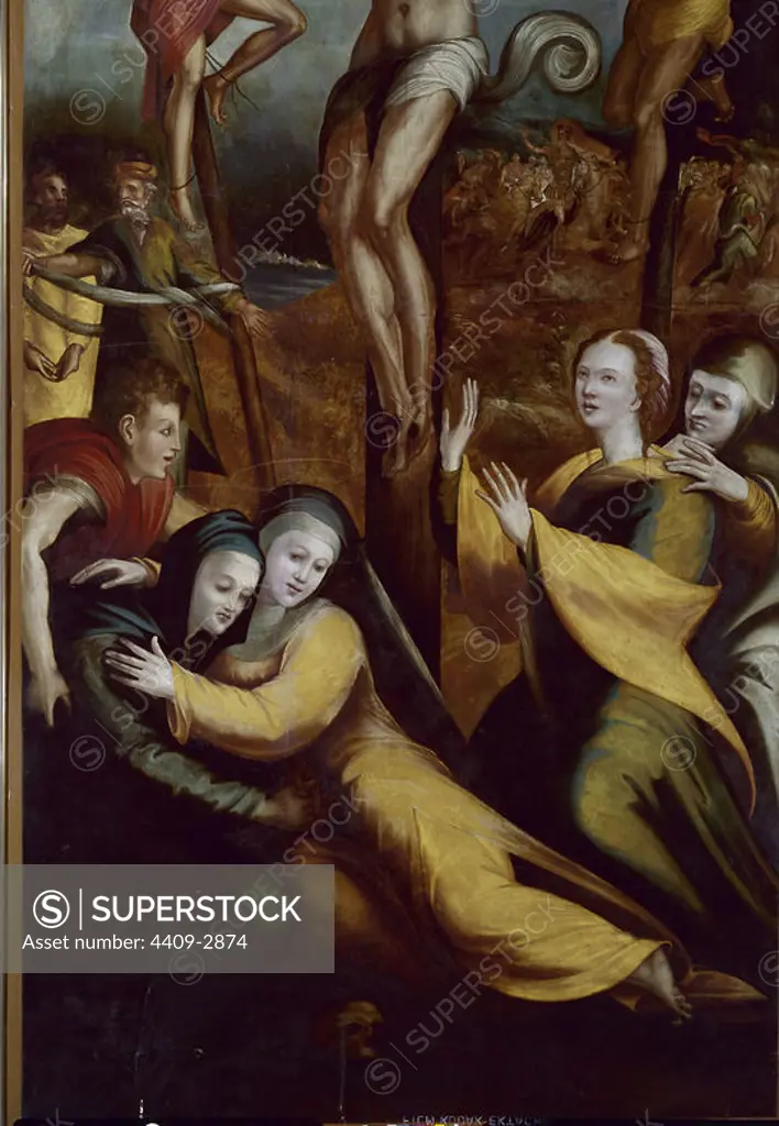 'Cruxifixion (detail)', ca. 1530-1535, Oil on panel, 278 x 147,5 cm, CE0944. Author: ALONSO BERRUGUETE (1488-1561). Location: MUSEO NACIONAL DE ESCULTURA-COLECCION. Valladolid. SPAIN. MARY MAGDALENE. Mary Of Clopas. VIRGIN MARY. TRES MARIAS.