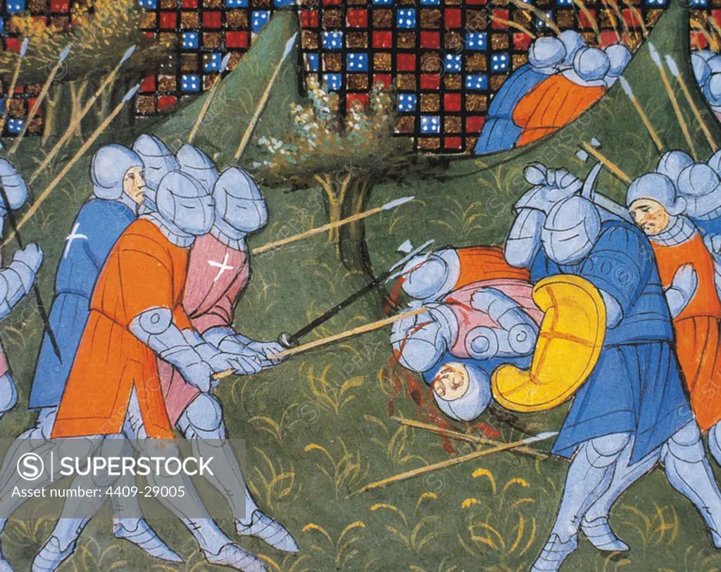 The Hundred Years' War. Conflicts waged from 1337 to 1453 between the Kingdom of England and the Kingdom of France to control the French throne. Bertrand du Guesclin (1320-1380) fighting with the British. Miniature. Chantilly Castle. 14th century.