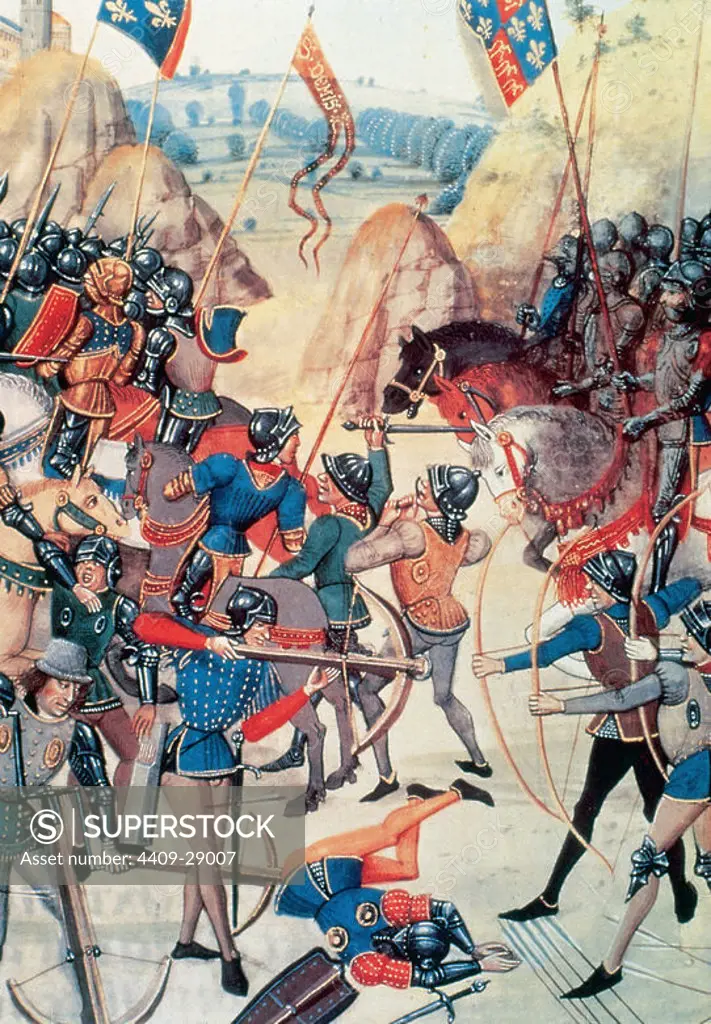 THE HUNDRED YEARS WAR (1339-1453). Battle of Crecy where British troops defeated the French of Philip IV on August 26, 1346. National Library. Paris. France.