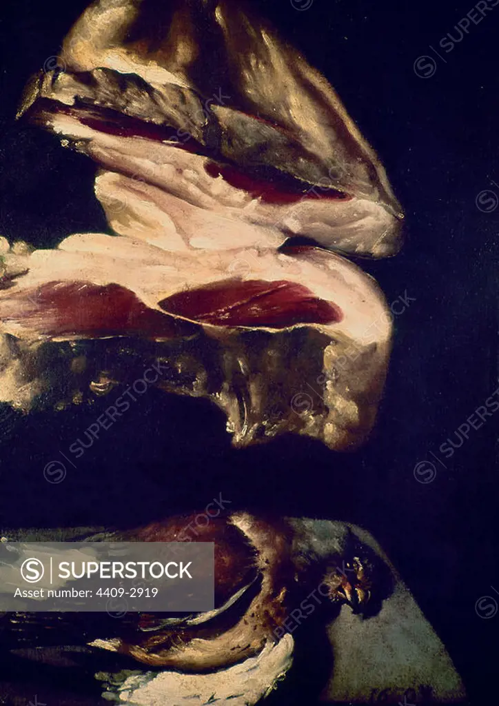 'Bodegón. Pernil partido sobre perdiz echada en la mesa', 17th century, Oil con canvas, 52.5 x 42.5 cm, Spanish Baroque. Author: JUAN BAUTISTA MARTÍNEZ DEL MAZO. Location: MUSEO LAZARO GALDIANO-COLECCION. MADRID. SPAIN.