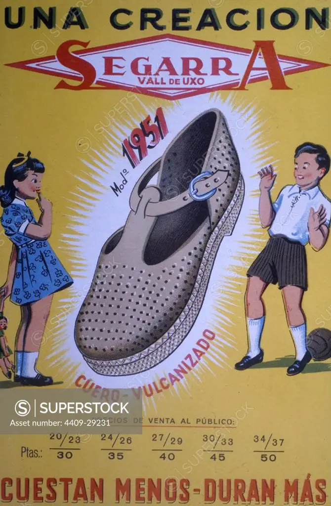 Cartel publicitario de los producto de la fábrica de calzados marca "Segarra". Año 1951.
