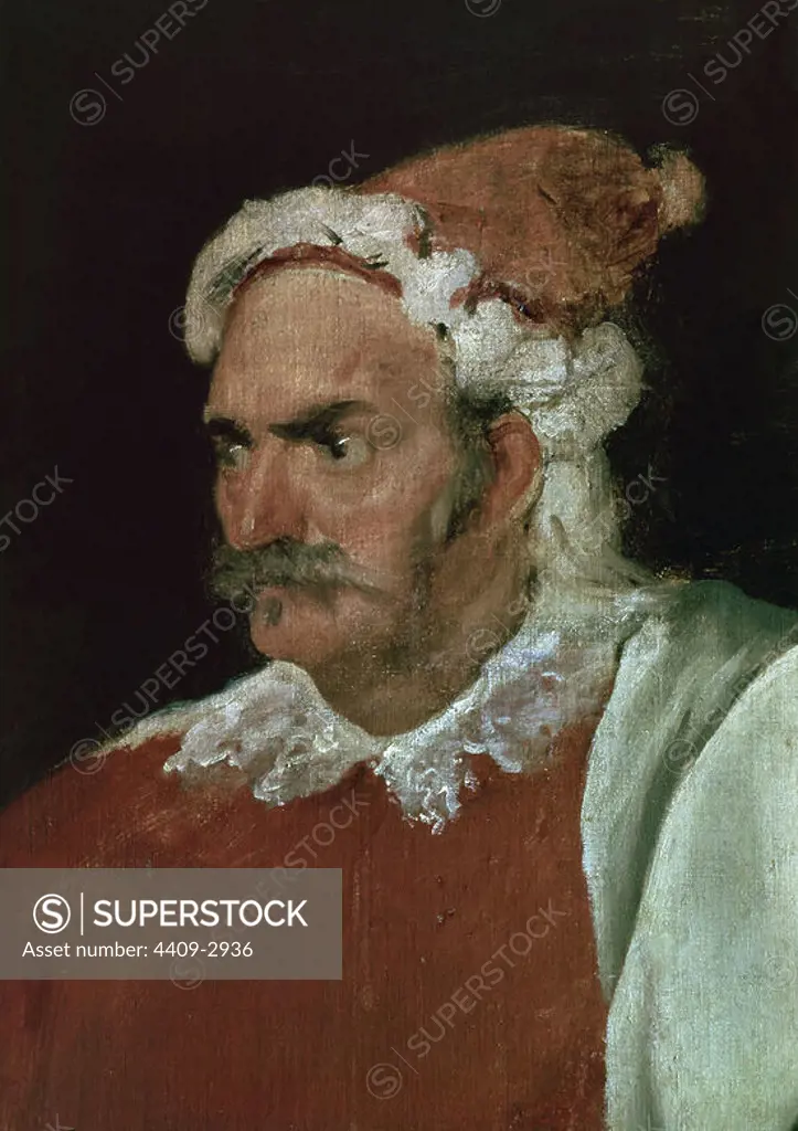 'The Buffoon, "Redbeard", Cristóbal de Castañeda y Pernía' (detail), ca. 1633, Spanish School, Oil on canvas, P01199. Author: DIEGO VELAZQUEZ (1599-1660). Location: MUSEO DEL PRADO-PINTURA. MADRID. SPAIN.