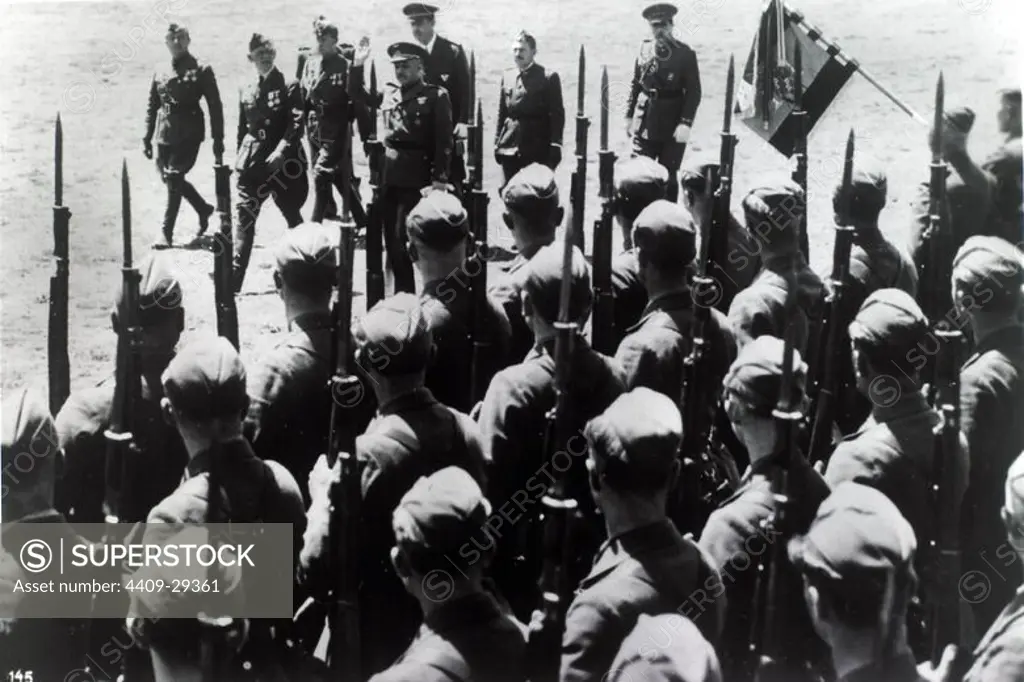 Condor Legion. Accompained by the Legion's Commander, Generalmajor Freiherr Richthofen, Head of State General Franco instpects the formations of German volunteers at the big farewell parade of the Condor Legion at Leon. 25-May 1939. FRANCISCO FRANCO.
