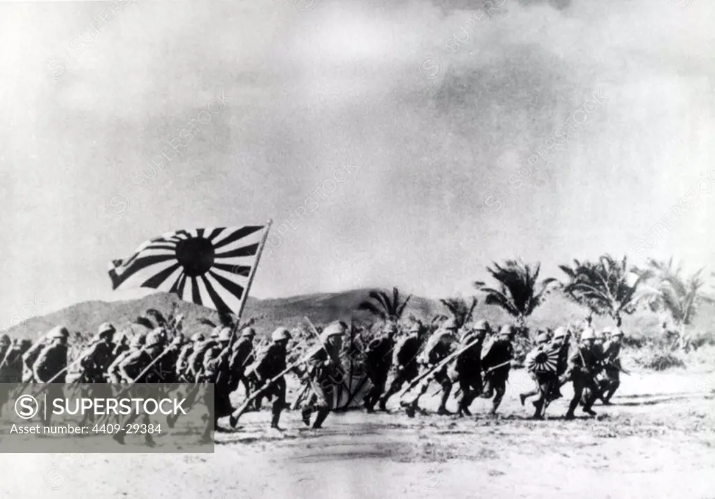 The Japanese Army, under the Bannar of the Rising Sun. Storm ashore on a Pacific Island.