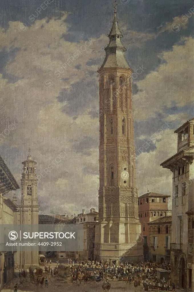 'The Leaning Tower of Zaragoza', 19th century. Author: PABLO GOZALVO Y PEREZ. Location: PRIVATE COLLECTION. MADRID. SPAIN.