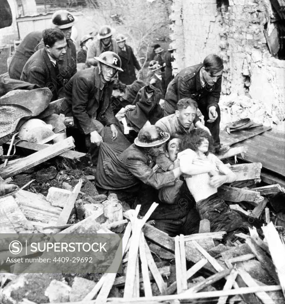 Western front: Battle of Britain. London Blitz.1940. After hours of toil the rescue squad saves a life London, England.