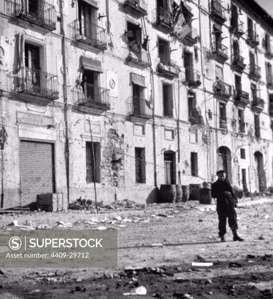 Spanish Civil War. Madrid street after German (Condor Legion) air raid.