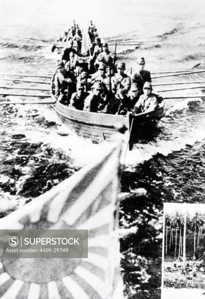 Second World War. Japanese troops are ferried ashore for the invasion of Malaya.