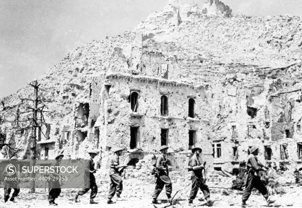 Allied troops capture Cassino, Italy. Battle of Monte Cassino, May 1944.