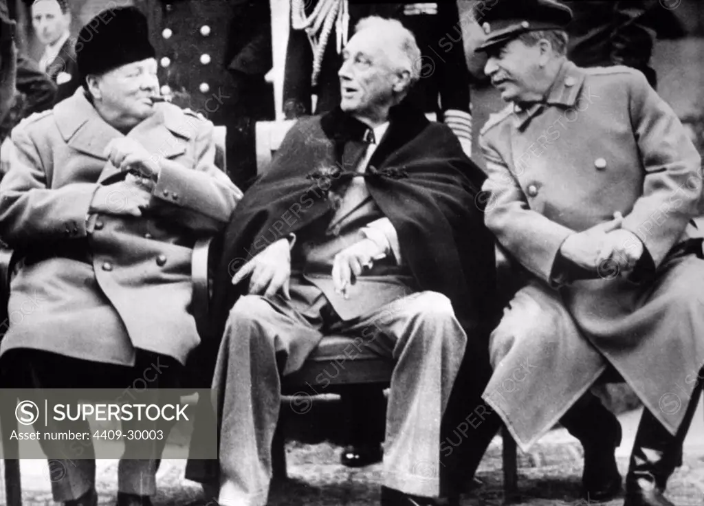 Conferencia de Yalta en Crimea (Ucrania), que reunió a Roosevelt, Churchill y Stalín con vistas a solucionar los probelmas creados después de vencer a Alemania. Febrero de 1945. WINSTON CHURCHILL. JOSEPH STALIN. FRANKLIN D. ROOSEVELT.