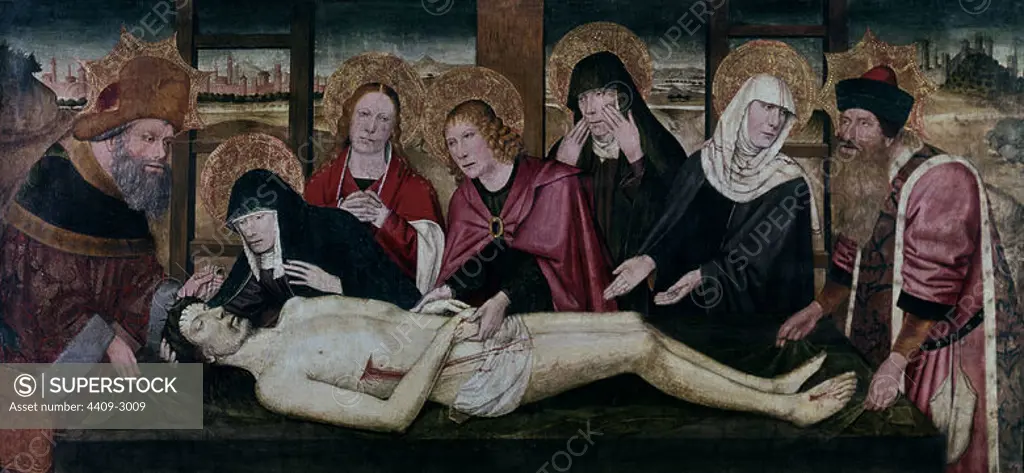 'The Lamentation of Christ', 1466-1475, 73 x 158 cm. Author: JAIME HUGUET (1414-1492). Location: LOUVRE MUSEUM-PAINTINGS. France. JESUS MUERTO-CRISTO MUERTO-JESUCRISTO MUERTO.