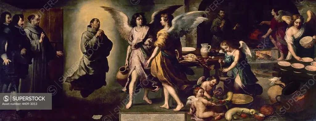 'Angels' Kitchen', 1646, Oil on canvas, 180 x 450 cm. Author: BARTOLOME ESTEBAN MURILLO. Location: LOUVRE MUSEUM-PAINTINGS. France.