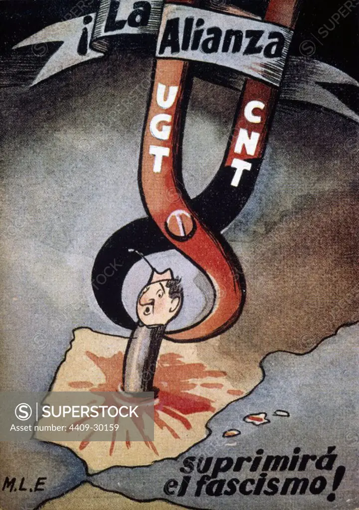 Cartel satírico de la CNT-UGT. Editado en Francia. Zona Republicana. Año 1937. Guerra civil 1936-1939.