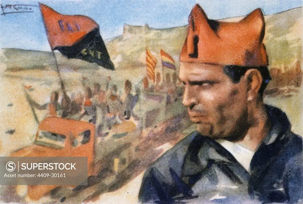 Cartel de Buenaventura Durruti. Dirigente de las Milicias de CNT y la FAI. Zona Republicana. Año 1937. Guerra civil 1936-1939.