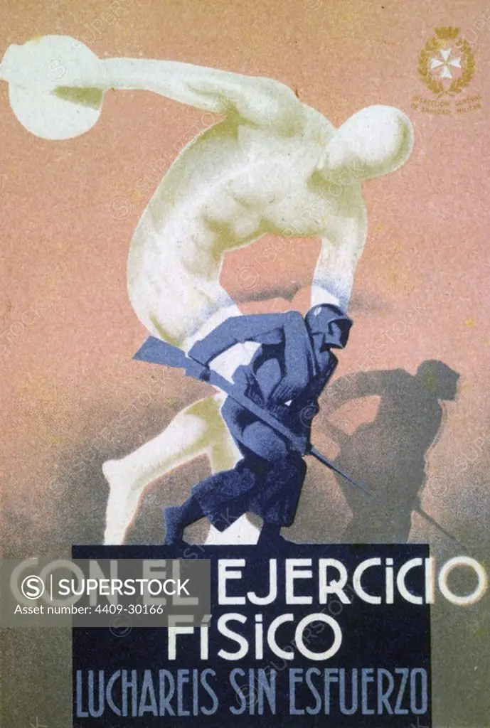 Cartel Ejercicio Físico editado en Barcelona por la Inspección General de Sanidad Militar. Año 1937. Zona Republicana. Guerra civil 1936-1939.
