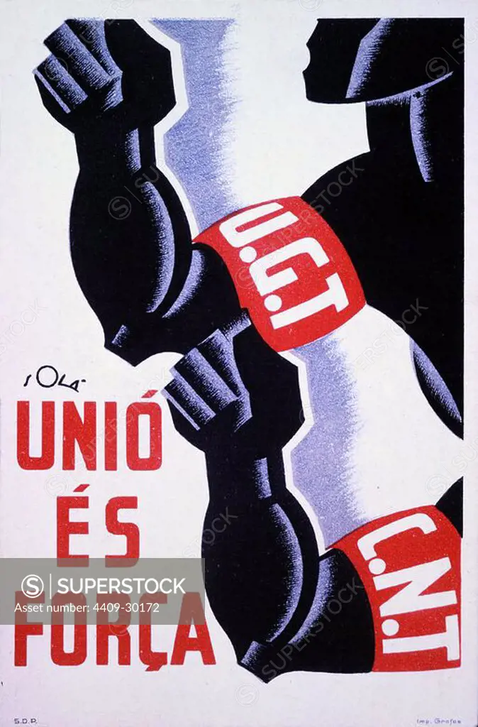 Cartel Unió és força. Obra de Solá. Editado en Barcelona por P.S.U.-U.G.T. Secretariado de Agitación y Propaganda. Año 1936. Zona Republicana. Guerra civil 1936-1939.