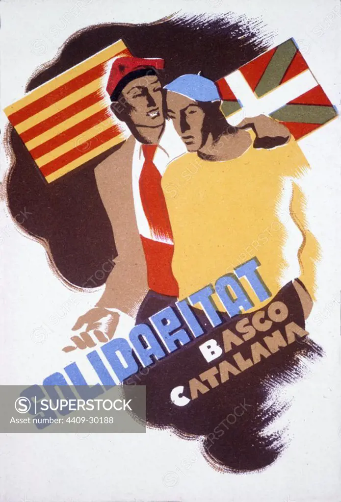 Cartel "Solidaritat Basco Catalana". Editado en Barcelona por la Comisión de ayuda a Euskadi. Año 1937. Zona Republicana. Guerra civil 1936-1939.