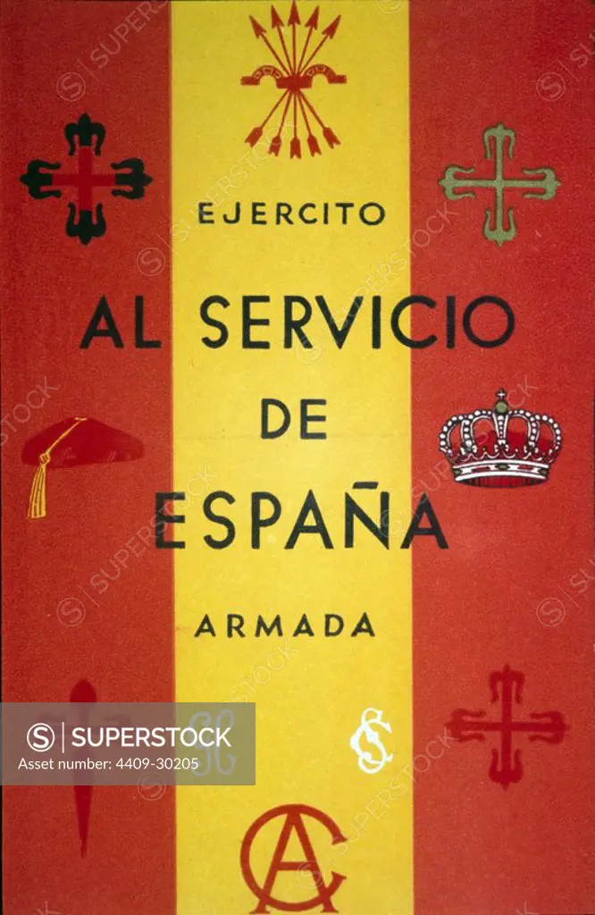 Postal de propaganda con los símbolos y emblemas nacionales. Editada en Zaragoza. Aragón. Guerra Civil 1936-1939.