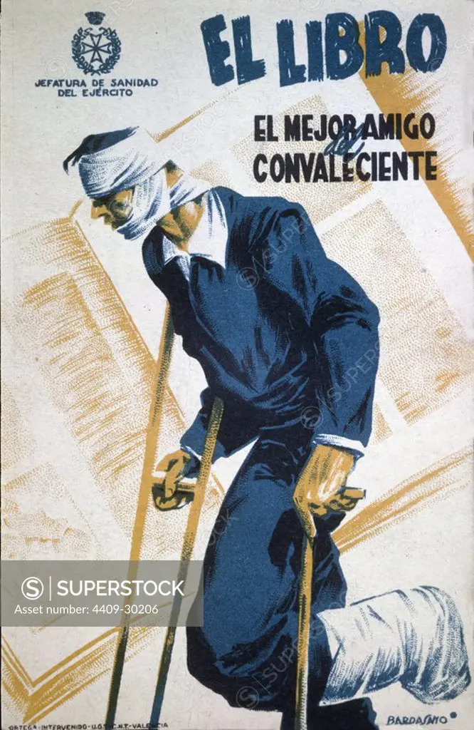 Postal de propaganda, editada por la Jefatura de Sanidad del Ejército. Dibujo de BARDASANO. Impresa en Valencia en el año 1938. Guerra Civil 1936-1939.