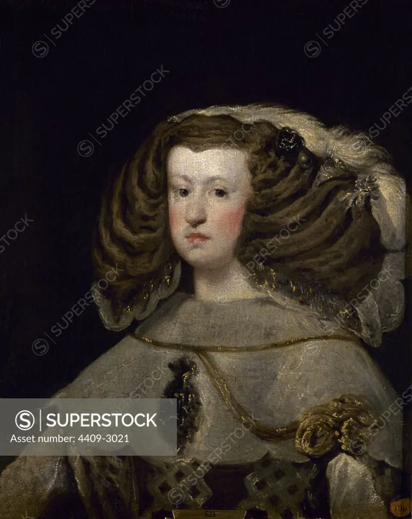 'Portrait of Mariana of Austria', 17th century, Oil on canvas, 66 x 40 cm, Inv. 0633. Author: DIEGO VELAZQUEZ (1599-1660). Location: ACADEMIA DE SAN FERNANDO-PINTURA. MADRID. SPAIN. MARIANA DE AUSTRIA. FELIPE IV 2º ESPOSA. CARLOS II MADRE.