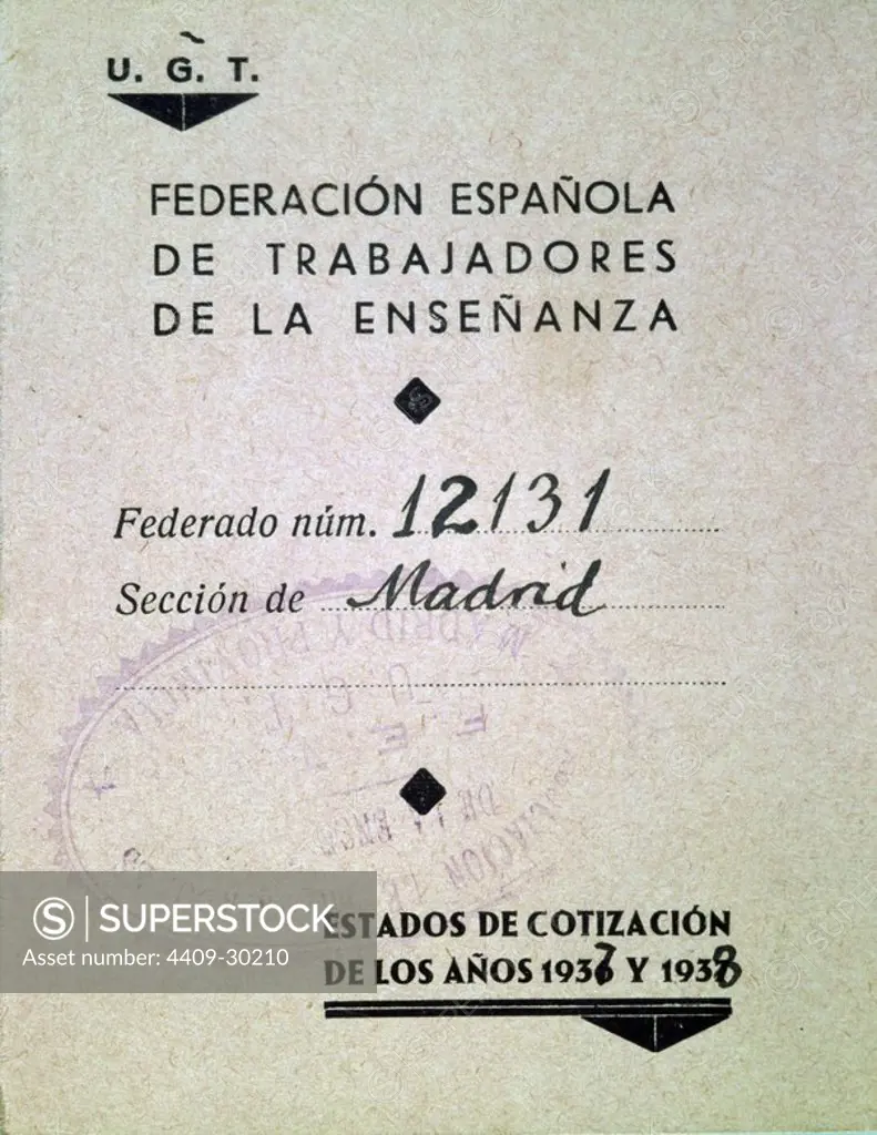 Carnet de la Federación Española de Trabajadores de la Enseñanza adscrita a la U.G.T. Años 1937-1938. Guerra Civil 1936-1939.