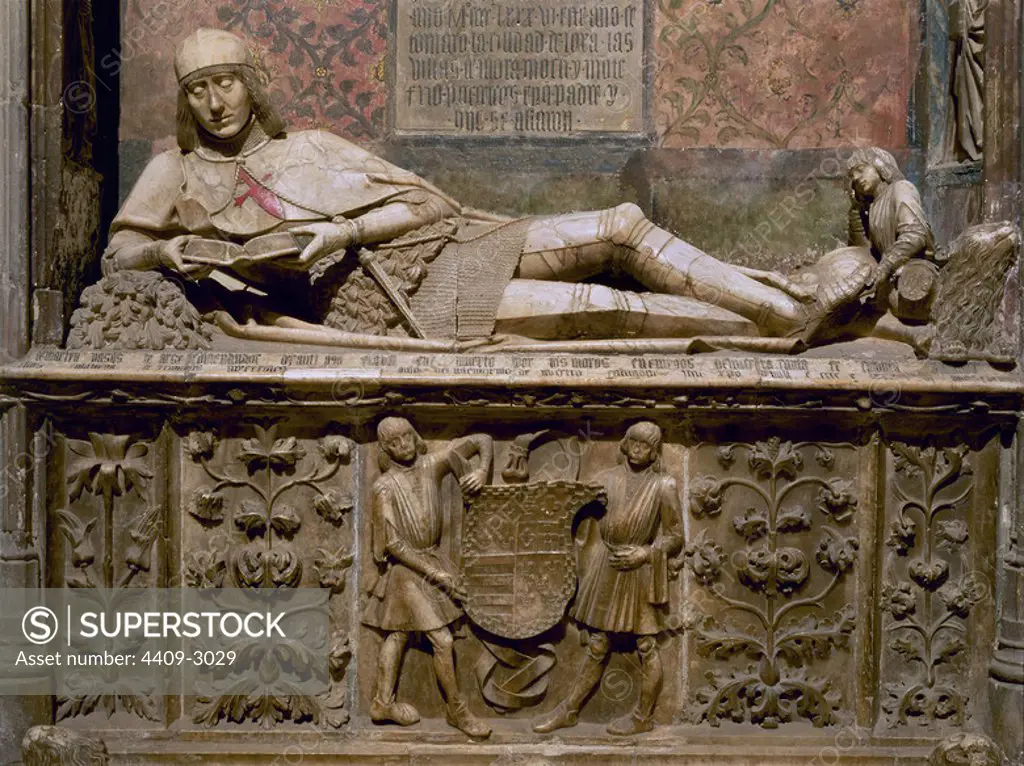 Statue "page-boy". Grave of Don Martin Vazquez de Arce. 15th century. Sigüenza cathedral. Province of Guadalajara. Spain. Author: ALMONACID SEBASTIAN TALLER DE. Location: CATEDRAL. SPAIN. DONCEL EL. MARTIN VAZQUEZ DE ARCE. EL DONCEL DE SIGÜENZA.