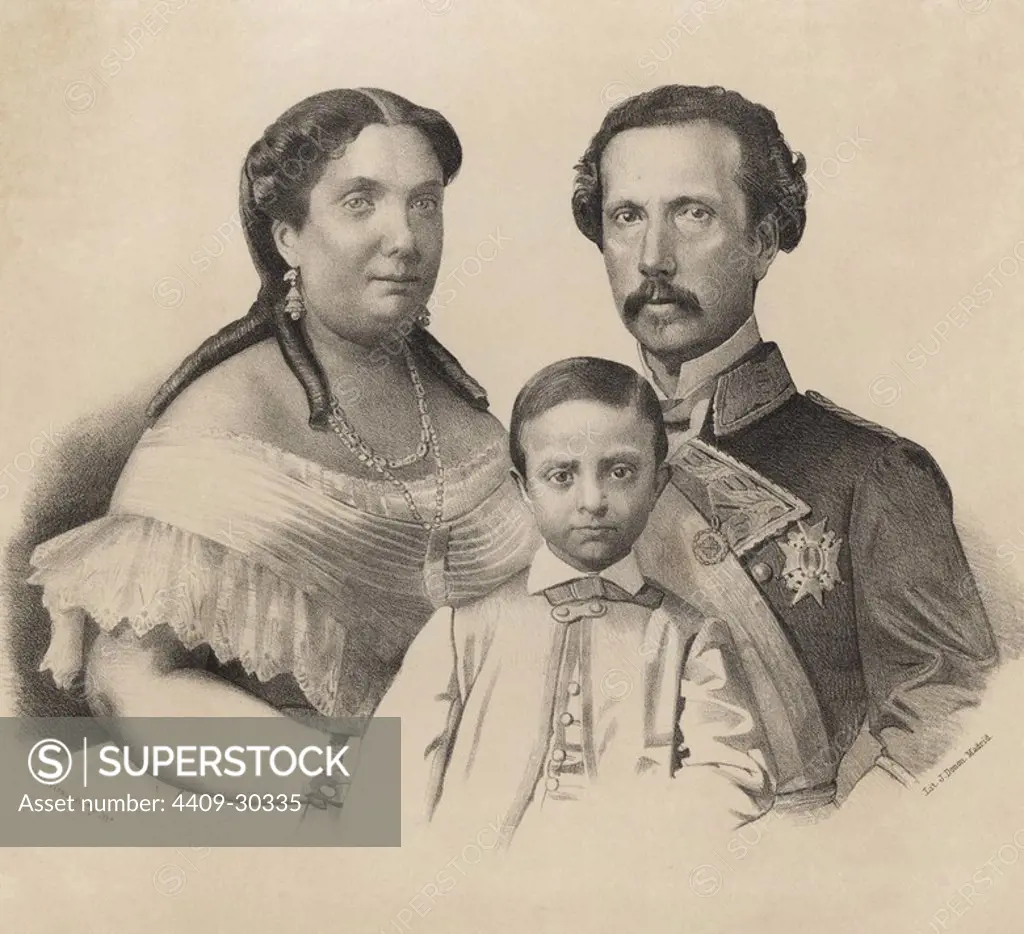 Isabel II (1830-1904), Reina de España desde 1833 a 1868, con su marido, el Rey consorte D. Francisco de Asís, y su hijo, Alfonso XII, Príncipe de Asturias. Grabado de 1870. ISABEL II DE BORBON. Francisco de Asis de Borbon. Alfonso XII de Borbón.