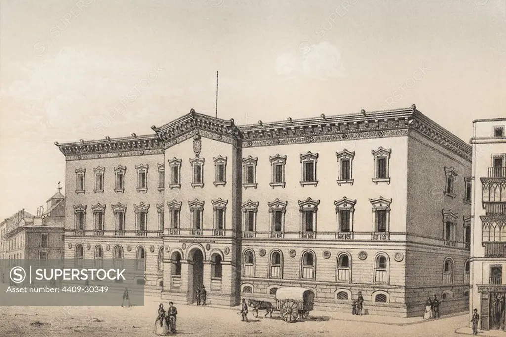 Nuevo Tribunal de Cuentas del Reino. Construído por Francisco Jareño y Alarcón de 1860 a 1863 en Madrid, calle de Fuencarral. Grabado de 1870.