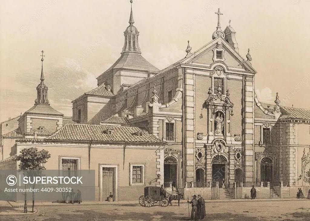 Antiguo Convento del Carmen Descalzo, edificio proyectado en 1730 por Pedro de Ribera y acabado en 1748. Grabado de 1870.