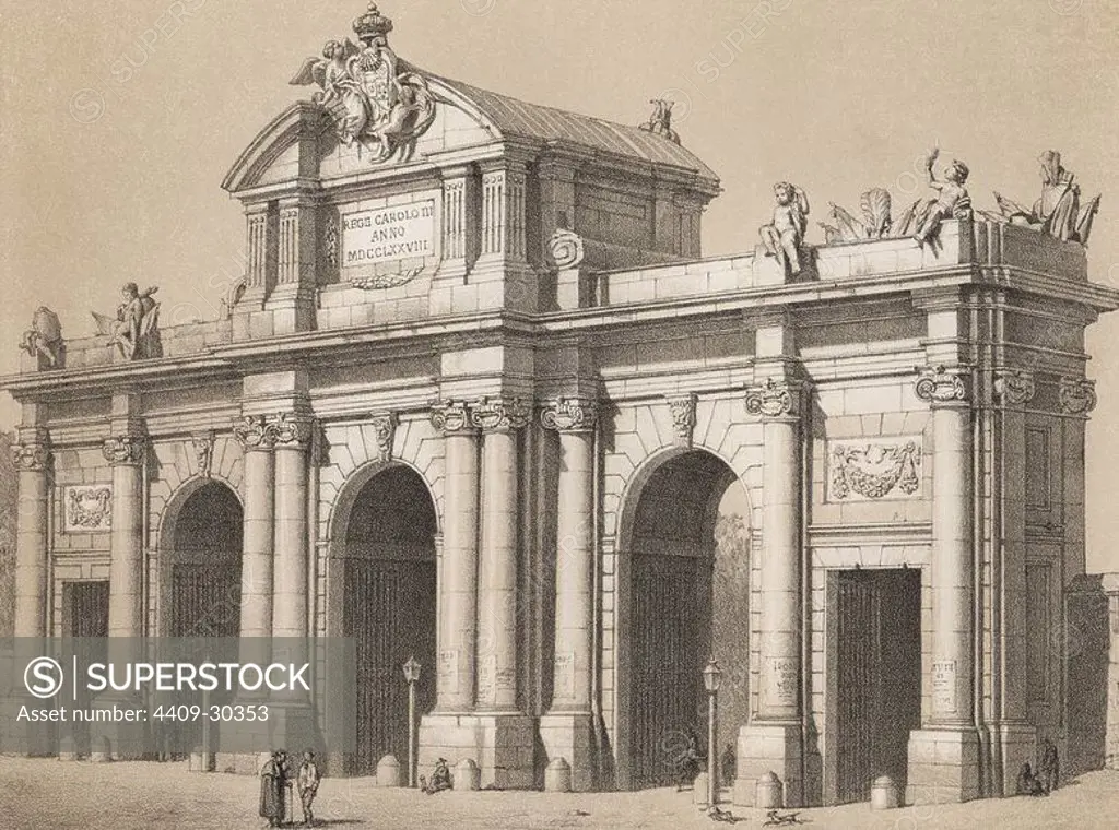Puerta de Alcalá. Construída por orden del Rey Carlos III, fue inaugurada en 1778. Grabado de 1870.