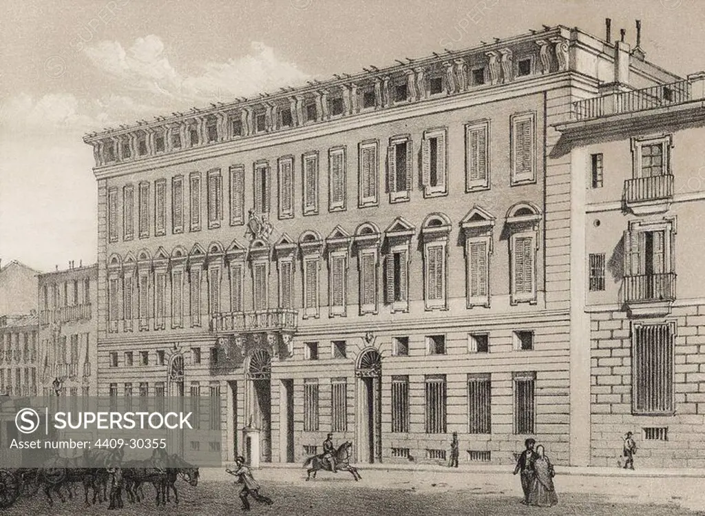 Real Casa de la Aduana, actualmente Ministerio de Hacienda, su construcción fue encargada por el Rey Carlos III en 1769. Grabado de 1870.