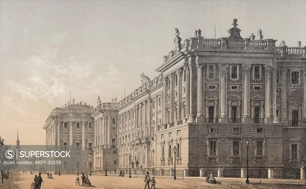Real Palacio. También llamado Palacio de Oriente. Comenzado por Felipe V en 1738 y acabado en 1755. Residencia oficial del Rey de España. Grabado de 1870.
