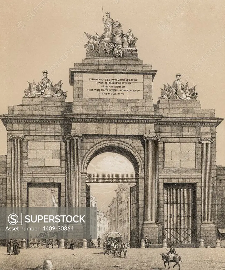 Puerta de Toledo. Concebida como un arco triunfal dedicado al rey Fernando VII, construída en 1827. Grabado de 1870.