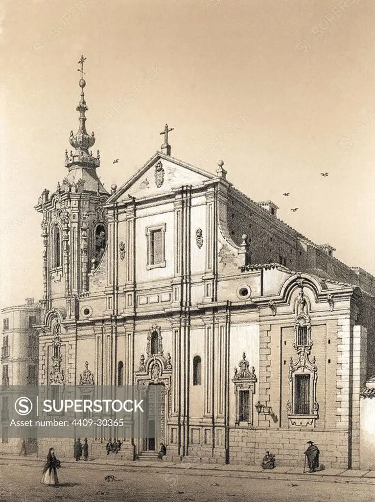 Antiguo Convento de Monserrat, Obras iniciadas en 1668 por Sebastián Herrera y continuadas en 1716 por Pedro de Ribra. Grabado de 1870.