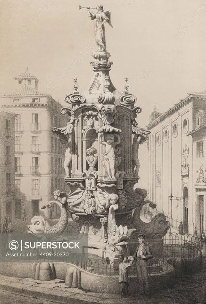 Fuente de la Plazuela de Antón Martín. Fuente de la Fama. Encargada por Felipe V, fue construída por Pedro de Ribera entre 1738 y 1742. Grabado de 1870.