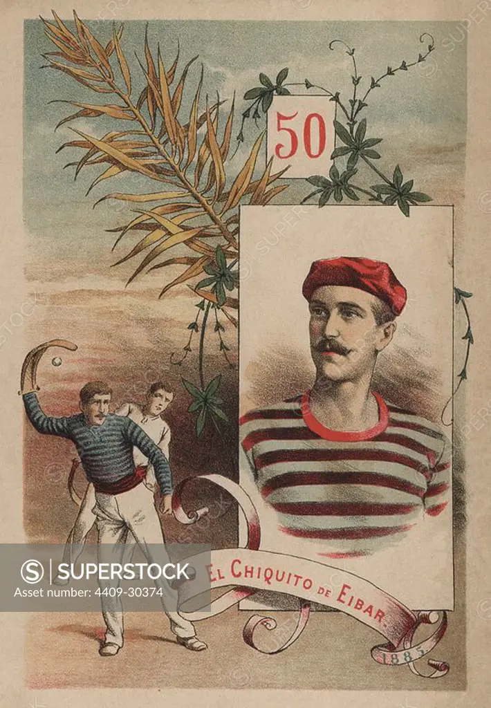 Indalecio Sarasqueta Uriarte (1860-1900), pelotari conocido como "El Chiquito de Eibar" . Jugador a mano, pala, guante y cesta.
