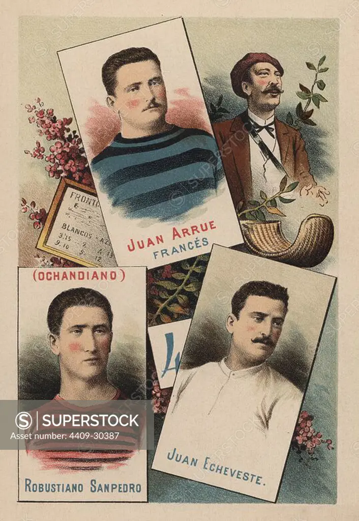 Juan Bautista Arrúe "Francés" (1874-), Robustiano San Pedro "Ochandiano", y Juan Echeveste (1870-). Pelotaris.
