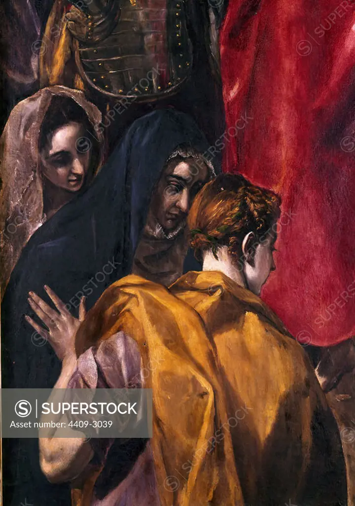 'The Disrobing of Christ' (detail), 1577-1579, Oil on canvas. Author: EL GRECO. Location: CATEDRAL-INTERIOR. Toledo. SPAIN. MARY MAGDALENE. Mary Of Clopas. VIRGIN MARY. TRES MARIAS.