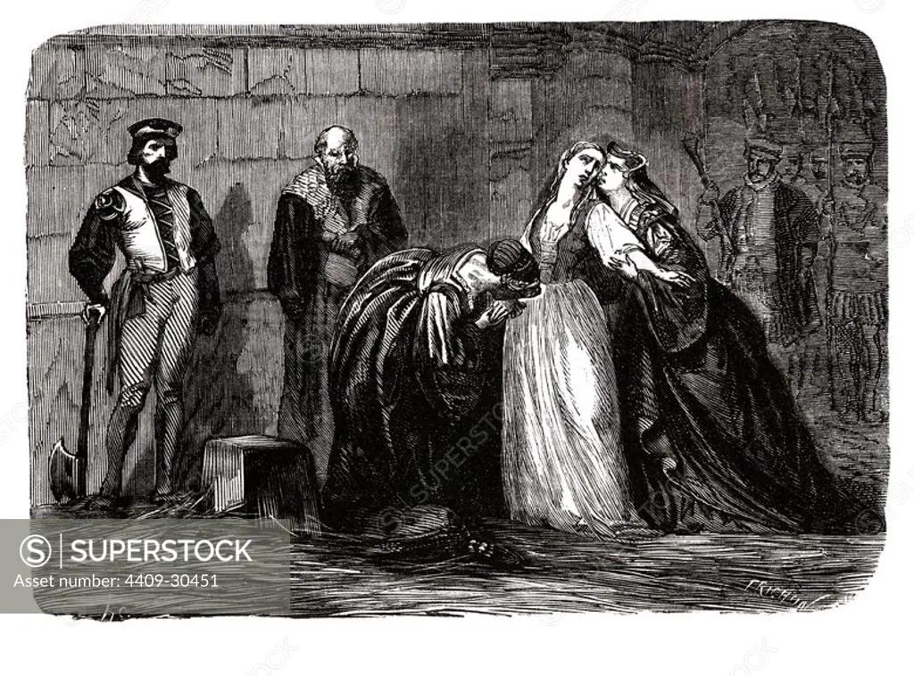 Juana Grey (1537-1554), Lady Dudley, proclamada Reina de Inglaterra en contra de su voluntad. Fue encarcelada y ejecutada por orden de María I, hermanda de Eduardo VI. Grabado de 1866.