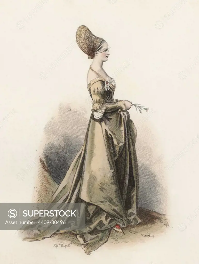 Dama de Nuremberg, en la Edad Moderna. Grabado en color de 1870.