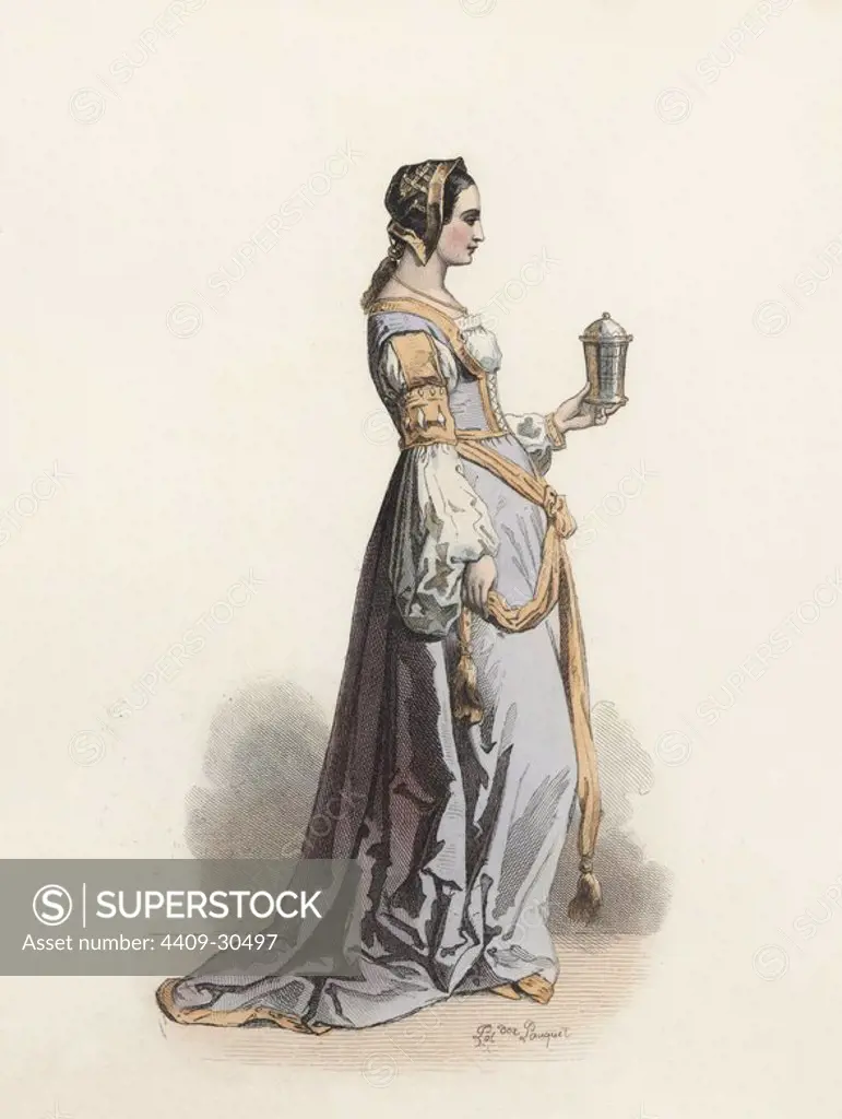 Noble señorita holandesa, en la Edad Moderna. Grabado en color de 1870.