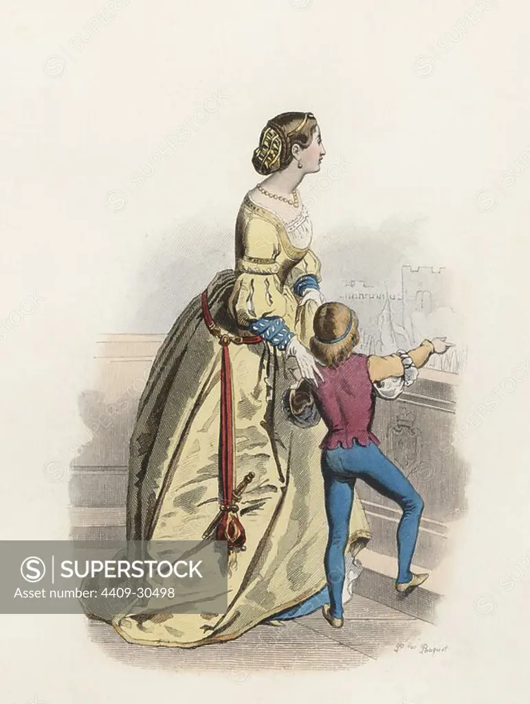 Mujer joven y niño venecianos, en la Edad Moderna. Grabado en color de 1870.
